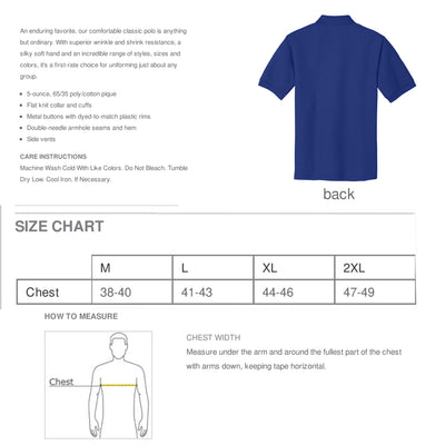 Blue Crab Embroidered Polo Shirt Size Chart & Details