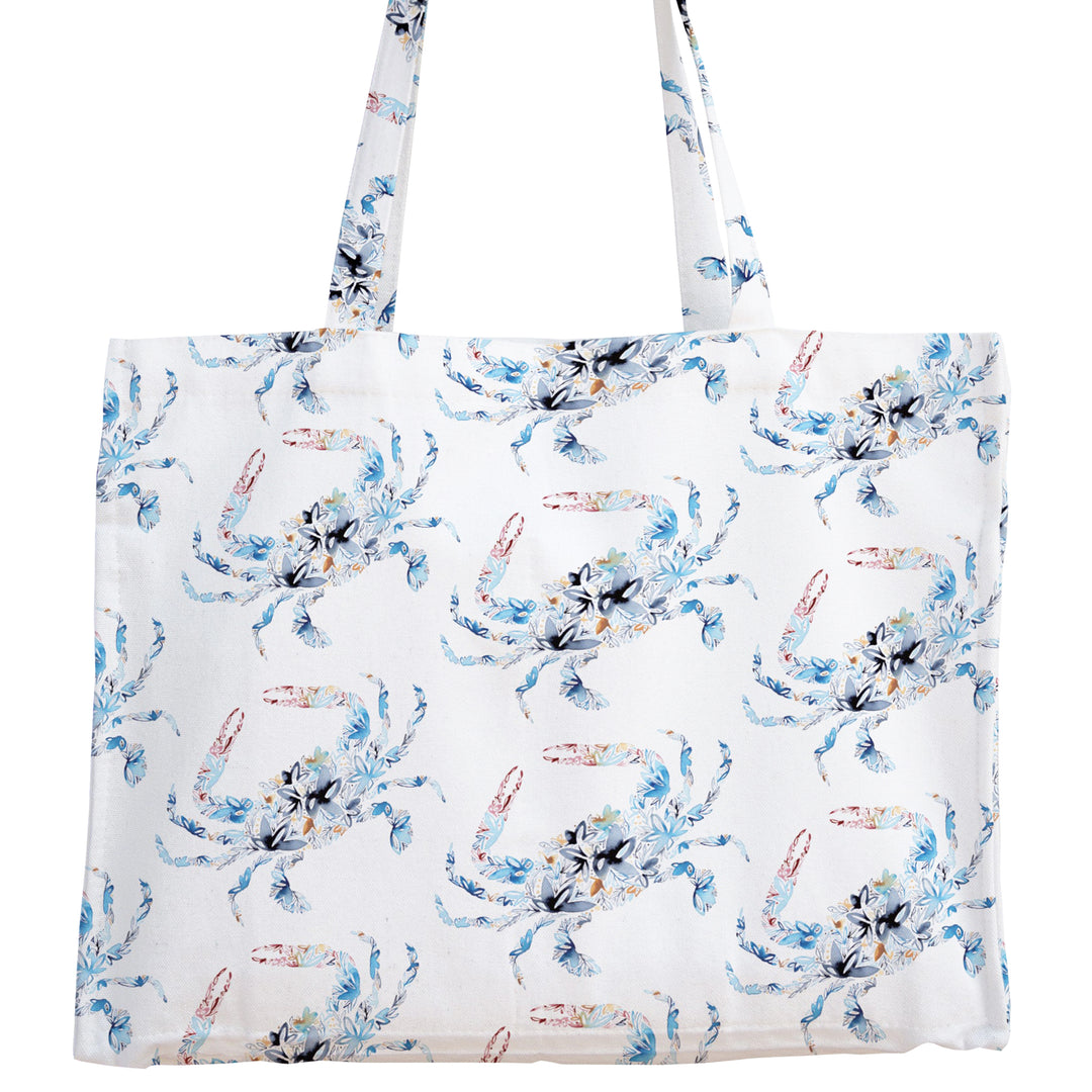 Blue Crab Floral Canvas Tote Bag