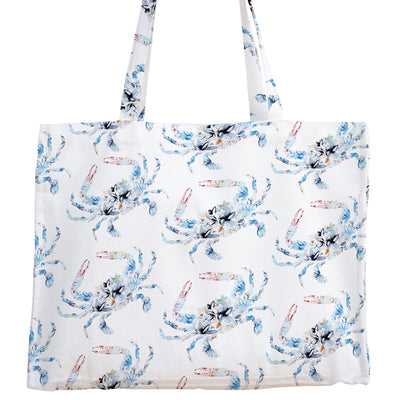Blue Crab Floral Canvas Tote Bag