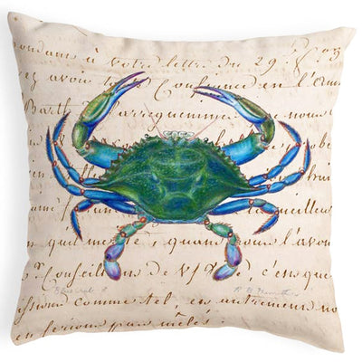 Blue Crab On Script Pillow