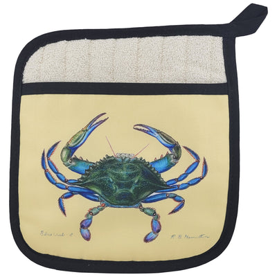 pocket potholder with blue crab design on a yellow background