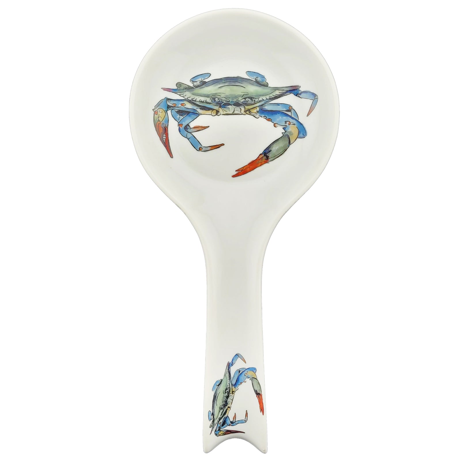 A white ceramic spoon rest with a blue crab illustration on the bowl and handle.