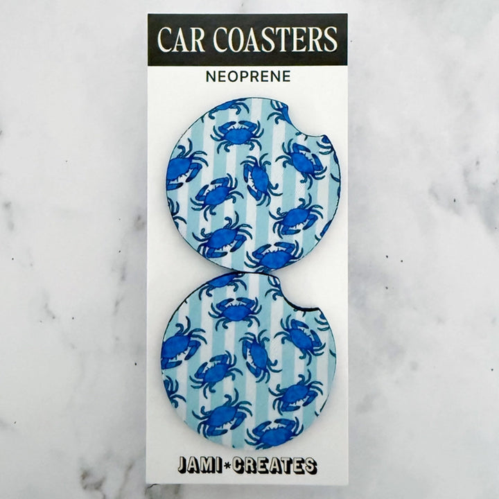 Blue Crab Stripe Car Coasters Set of 2 (as packaged)