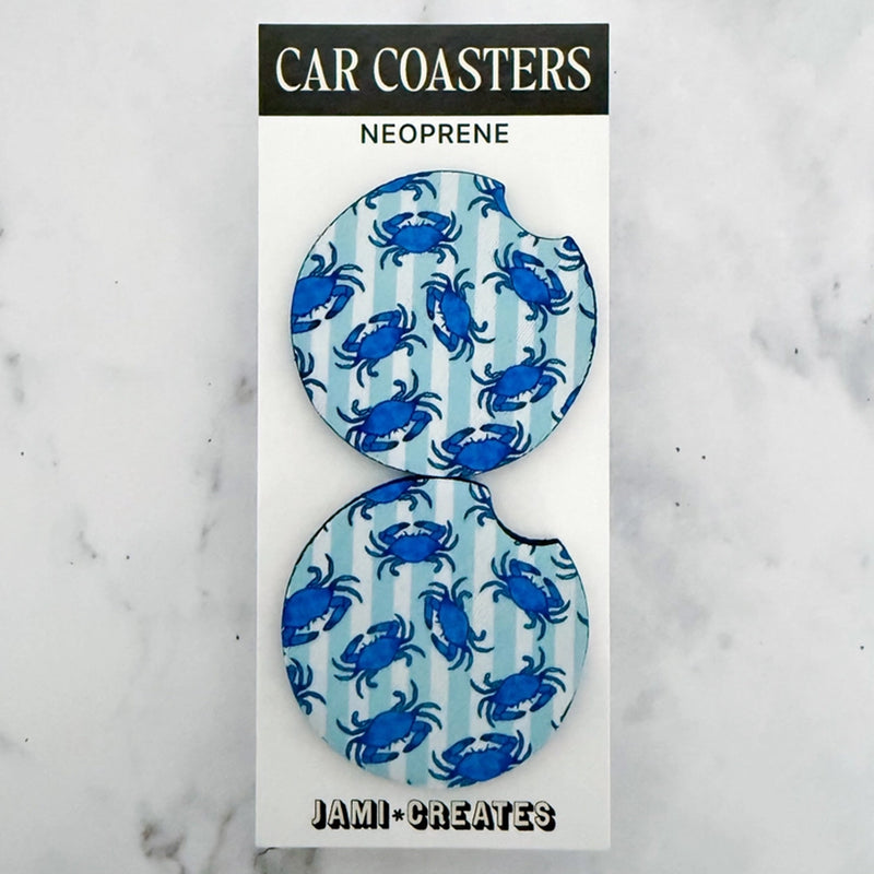 Blue Crab Stripe Car Coasters Set of 2 (as packaged)