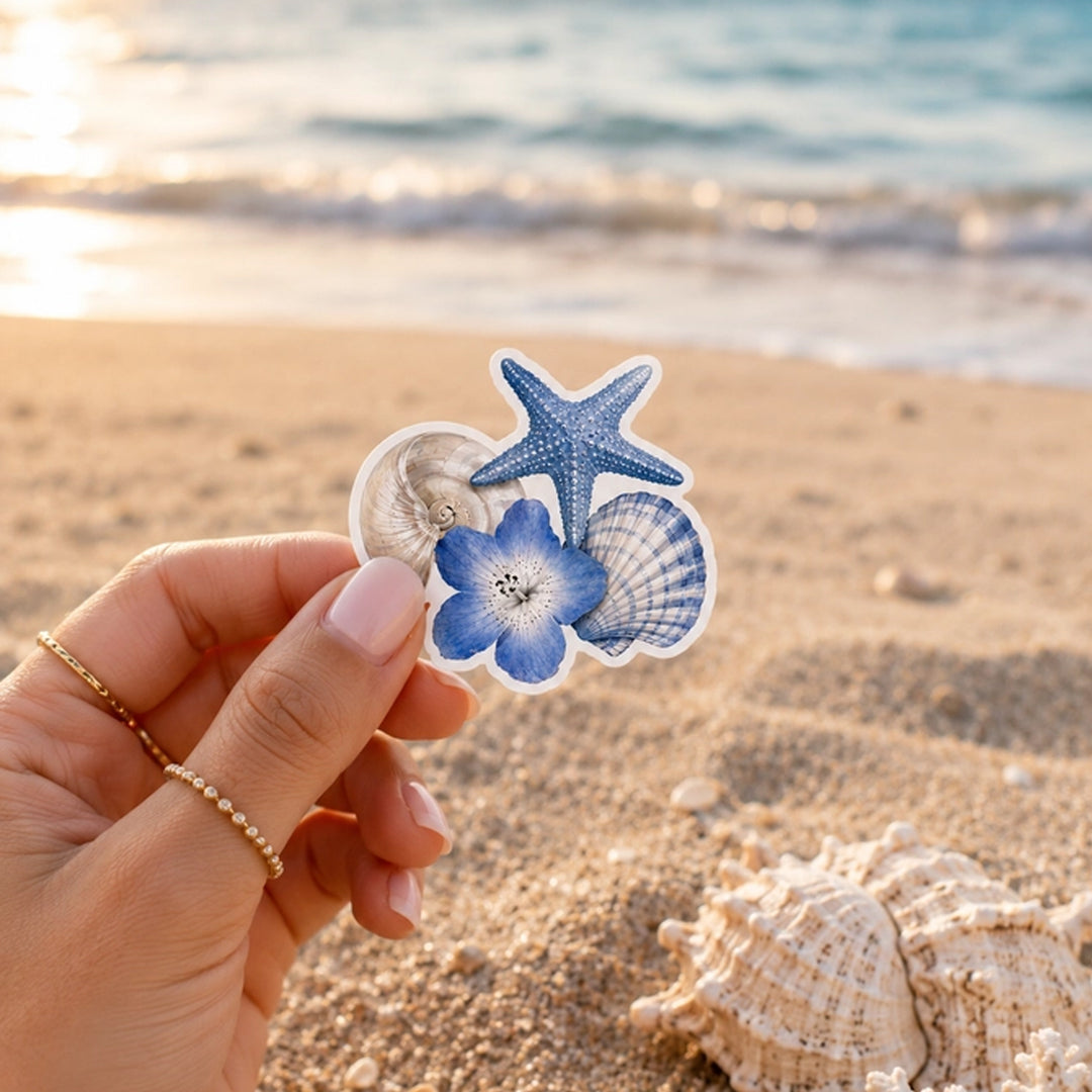 Blue Seashells and Flower Vinyl Die-Cut Sticker.