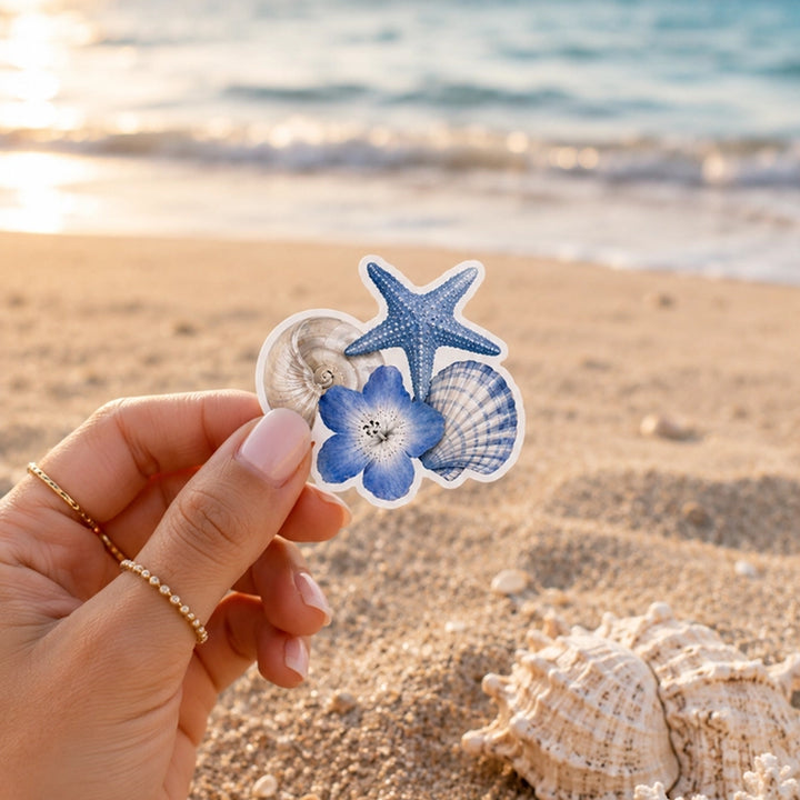 Blue Seashells and Flower Vinyl Die-Cut Sticker.