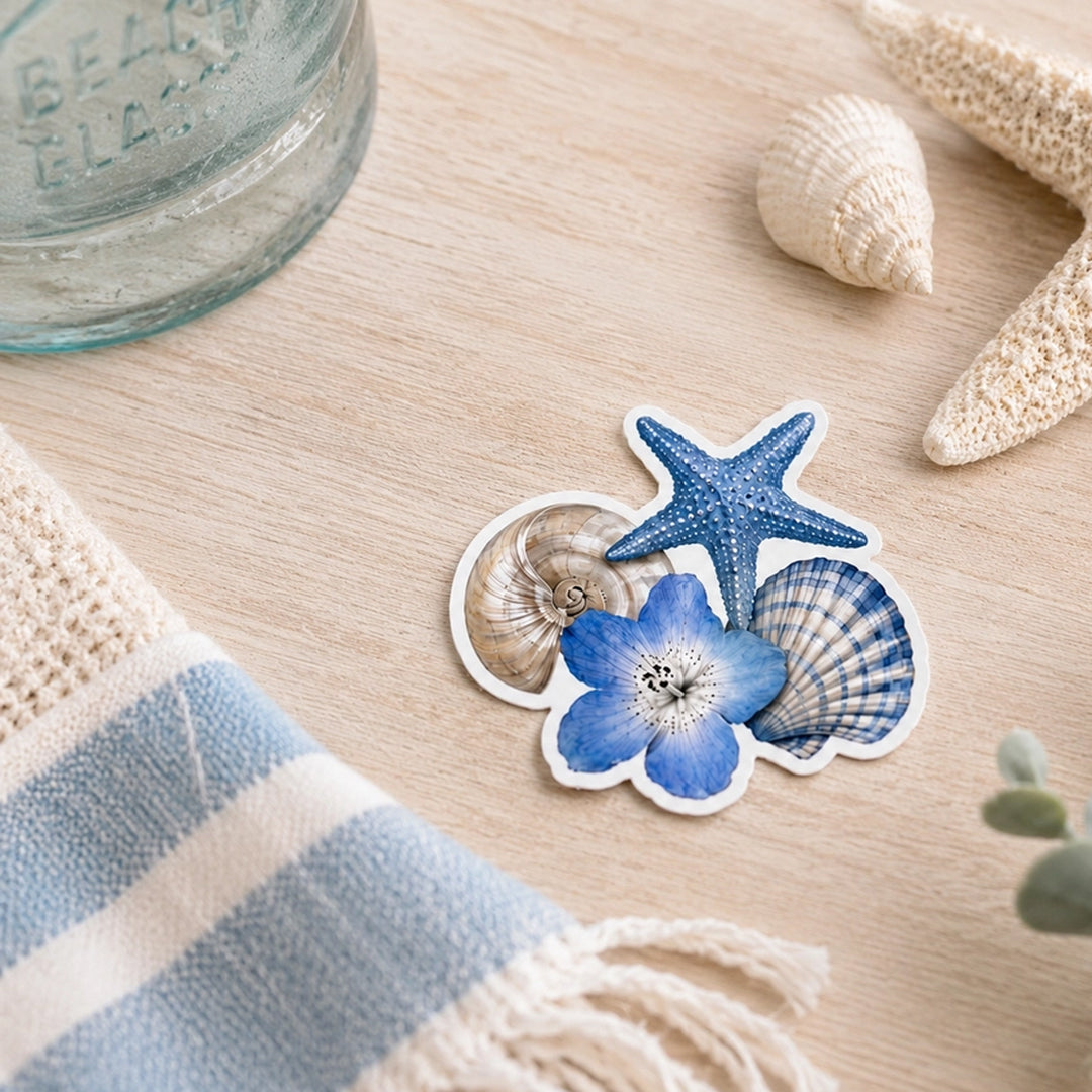 Blue Seashells and Flower Vinyl Die-Cut Sticker.