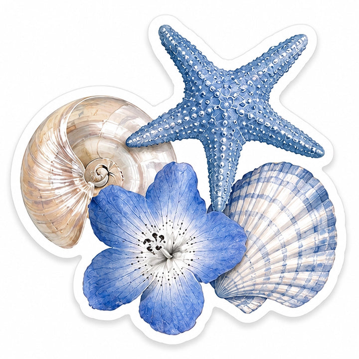 Blue Seashells and Flower Vinyl Die-Cut Sticker.