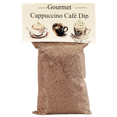 Bag of Gourmet Cappuccino Café Dip Mix with a label on a white background