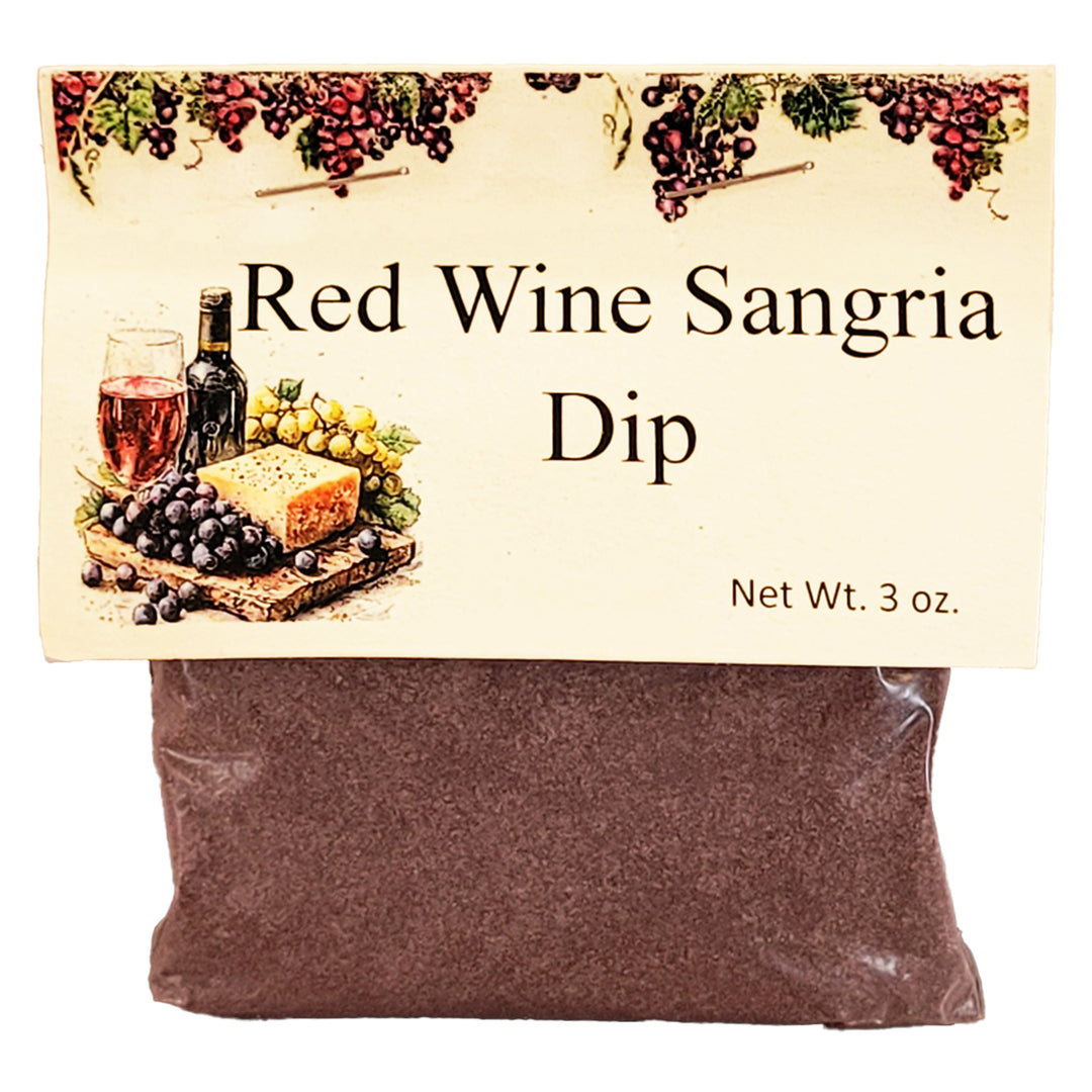Packaged red wine sangria dip mix with decorative label featuring grapes and a bottle.
