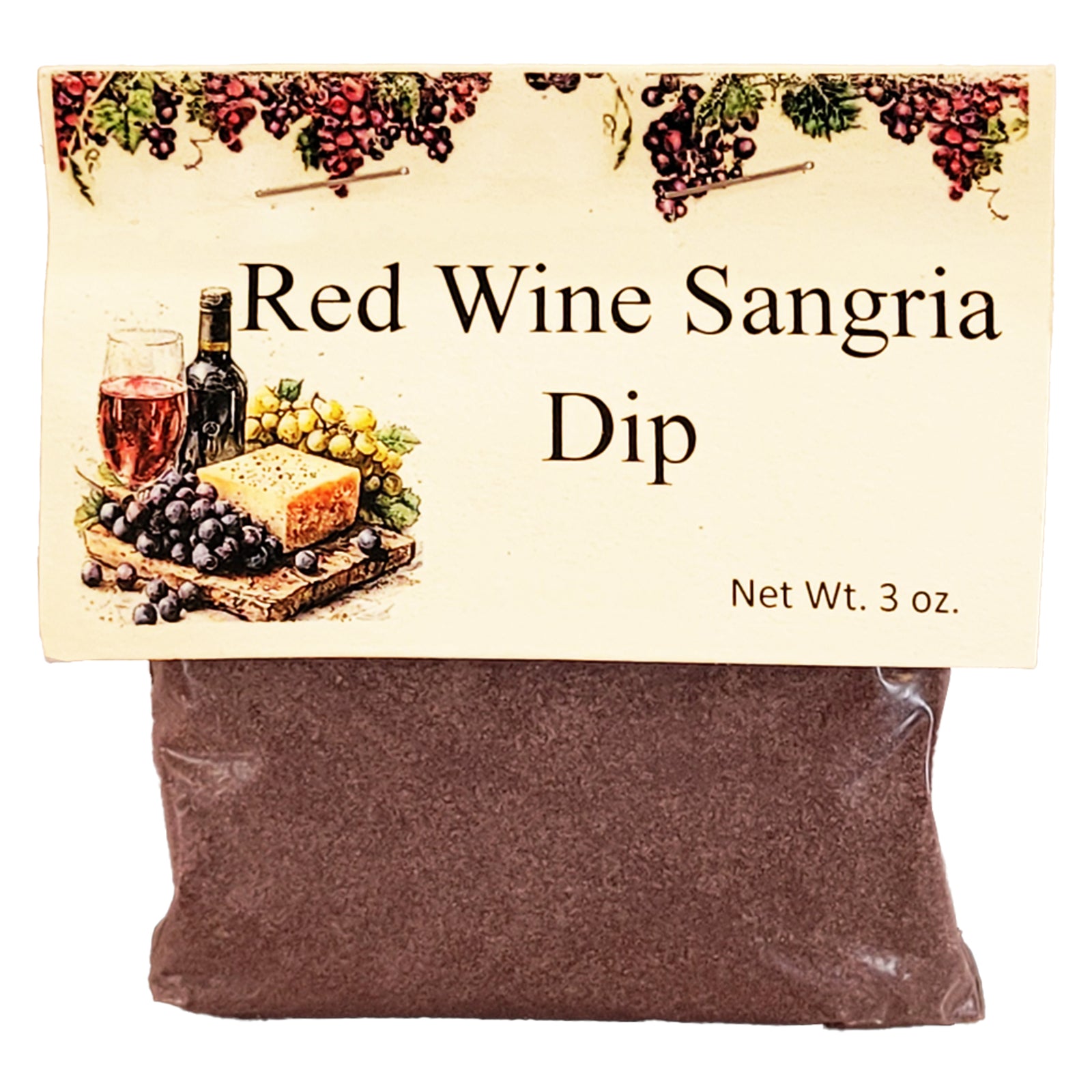 Packaged red wine sangria dip mix with decorative label featuring grapes and a bottle.