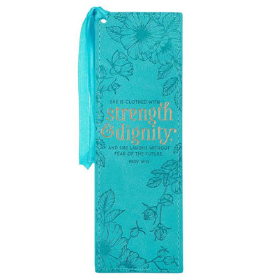 She Is Clothed In Strength & Dignity And She Laughs Without Fear Of The Future Proverbs 31:25 Faux Leather BookmarkFaux Leather Bookmark