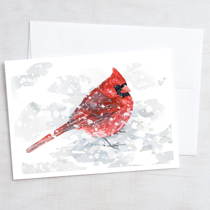 Male Cardinal In Snow Watercolor Art 5"x7" Notecard