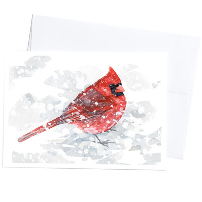 Male Cardinal In Snow Watercolor Art 5"x7" Notecard