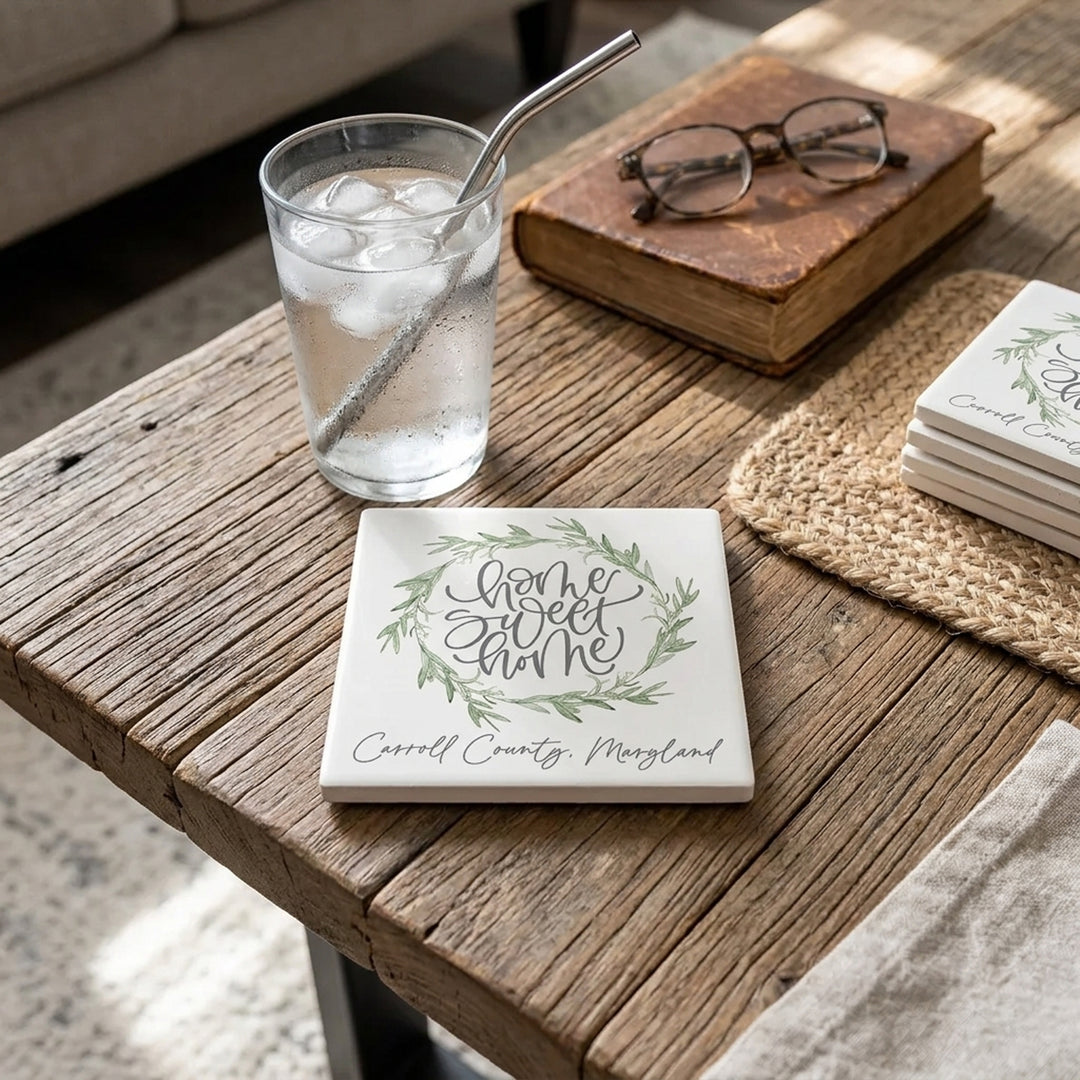 A square ceramic coaster with a white background, featuring a green wreath design and the words &