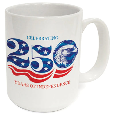 White mug with American flag design and eagle, celebrating 250 years of independence.