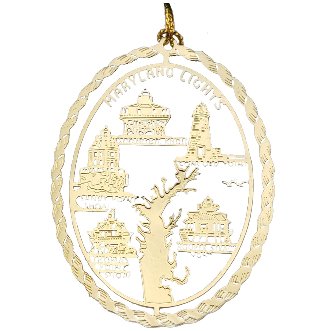 An oval-shaped rope style brass Christmas ornament featuring Maryland lighthouses and a Chesapeake Bay silhouette.