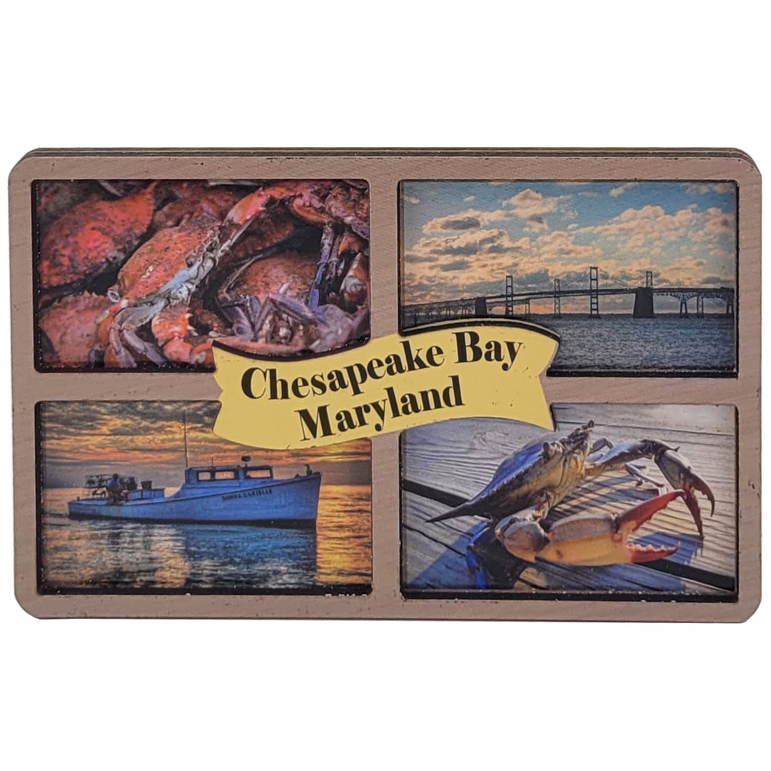 windowpane framed magnet featuring images of steamed crabs, bay bridge, blue crab, and a crab boat with &