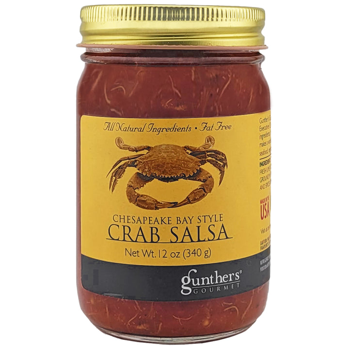 12 oz. jar of Chesapeake Bay Style Crab Salsa with a gold lid on a white background