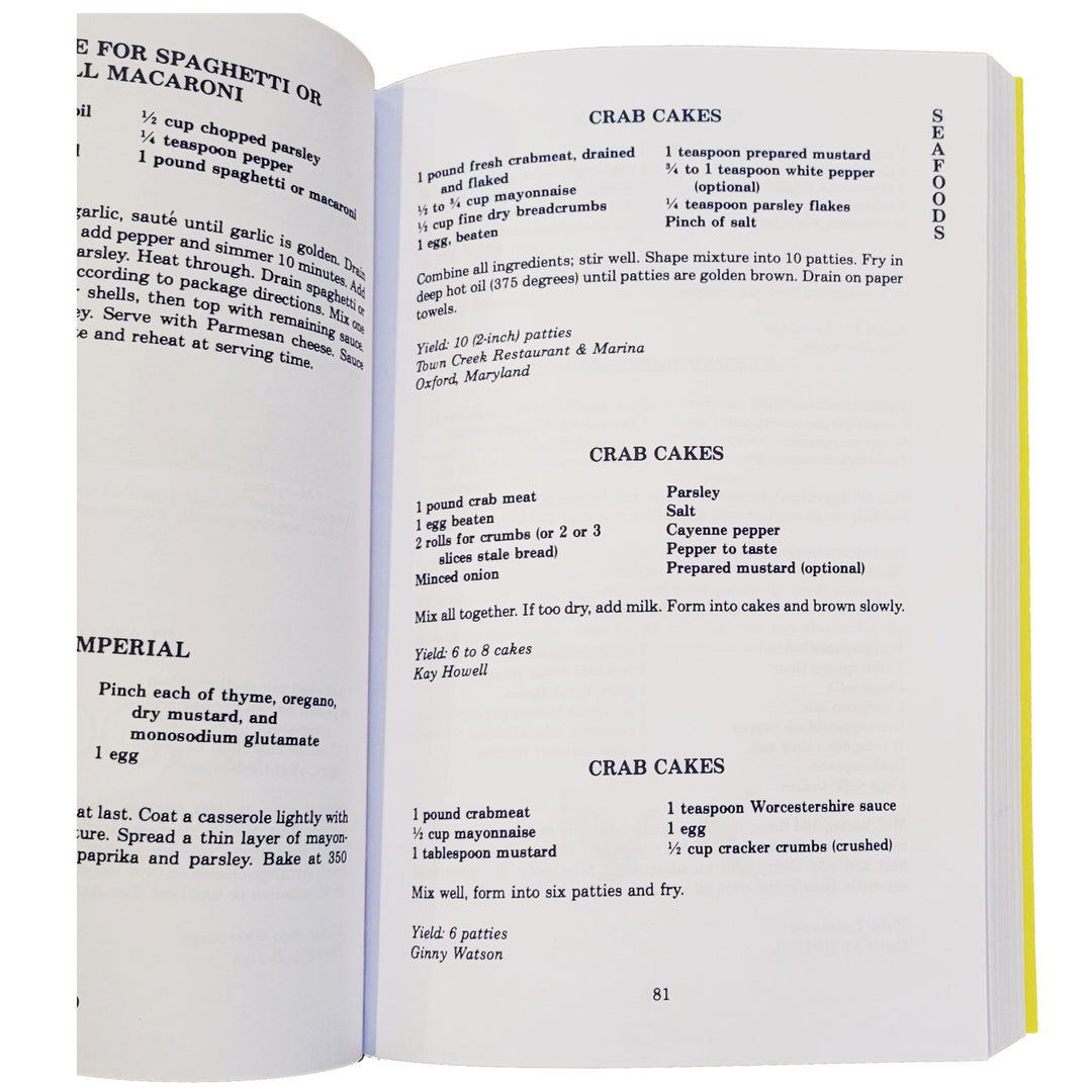The Chesapeake Collection cookbook page showing 3 printed recipes for crab cakes.