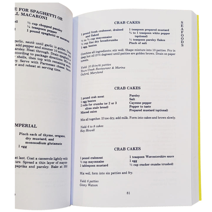 The Chesapeake Collection cookbook page showing 3 printed recipes for crab cakes.