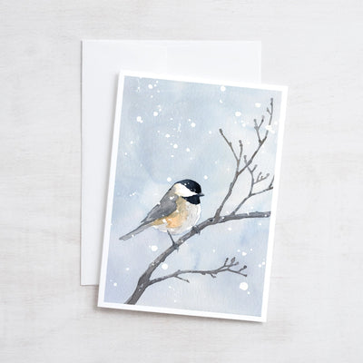 Chickadee In Winter Snow Watercolor Art 5"x7" Notecard