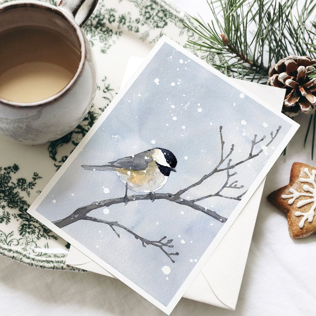 Chickadee In Winter Snow Watercolor Art 5"x7" Notecard
