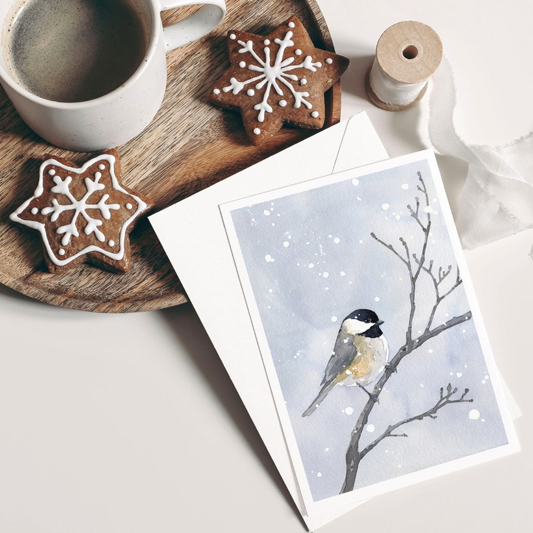Chickadee In Winter Snow Watercolor Art 5"x7" Notecard