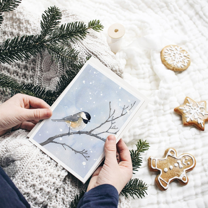 Chickadee In Winter Snow Watercolor Art 5"x7" Notecard