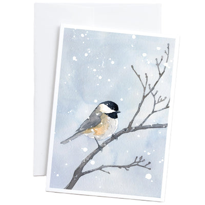 Chickadee In Winter Snow Watercolor Art 5"x7" Notecard