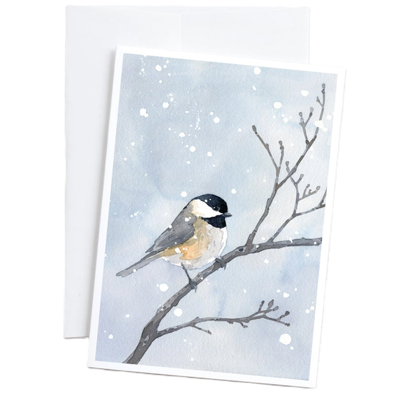 Chickadee In Winter Snow Watercolor Art 5"x7" Notecard