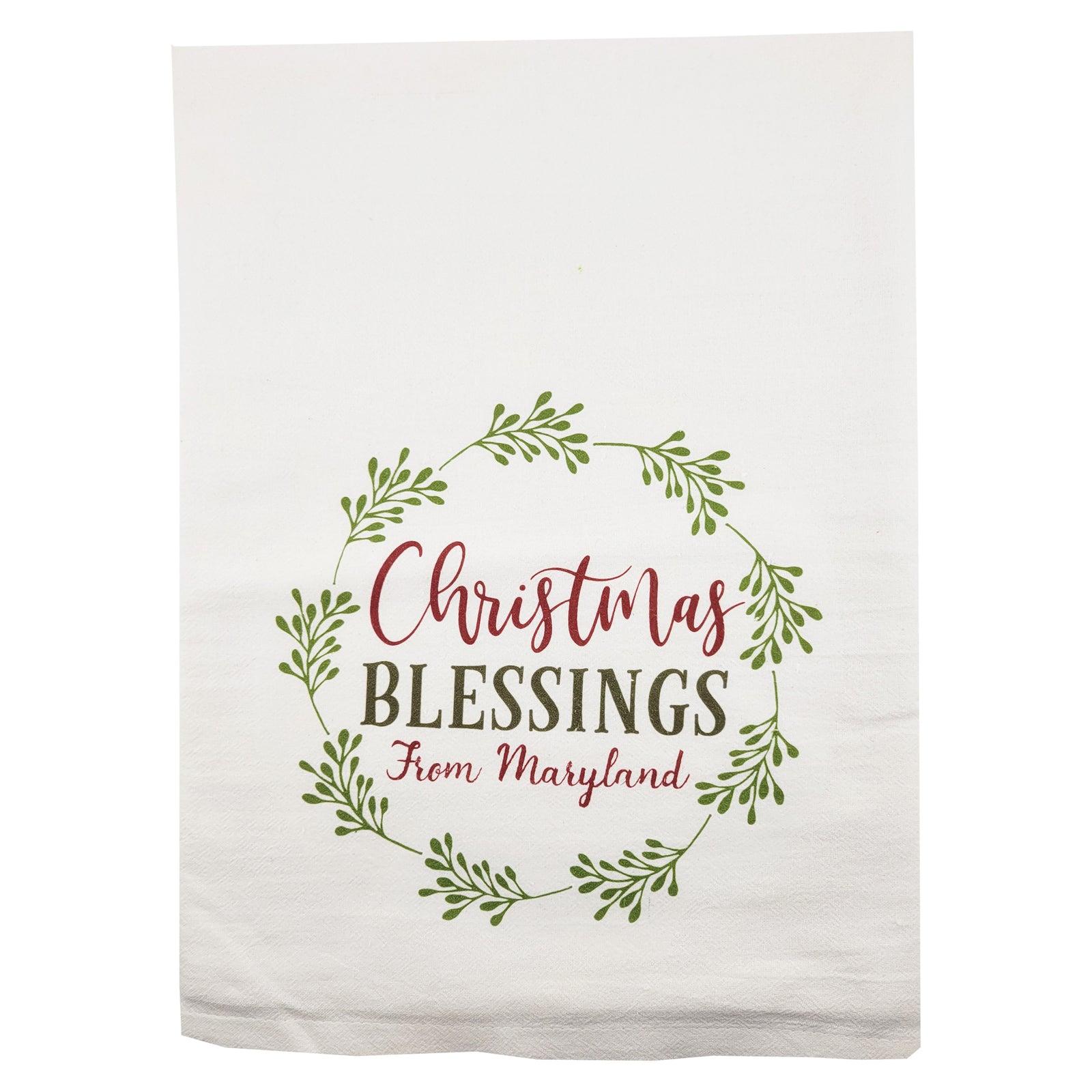 White towel with 'Christmas Blessings From Maryland' text and green leaf design on a white background
