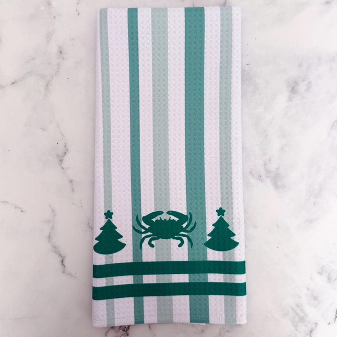 Christmas Crab and Tree Green Striped Kitchen Towel