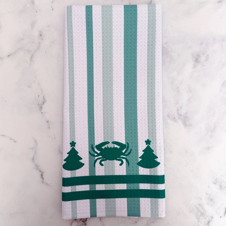 Christmas Crab and Tree Green Striped Kitchen Towel