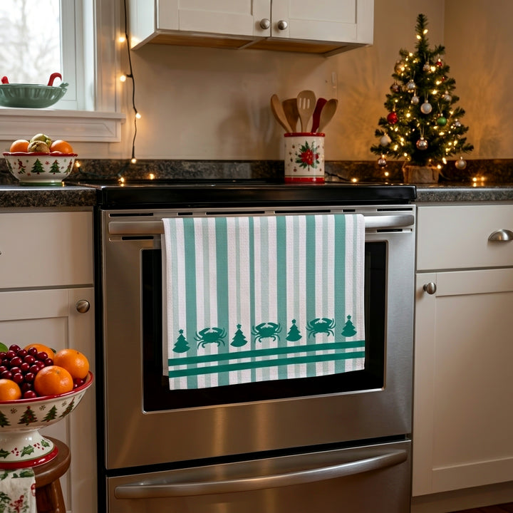 Christmas Crab and Tree Green Striped Kitchen Towel
