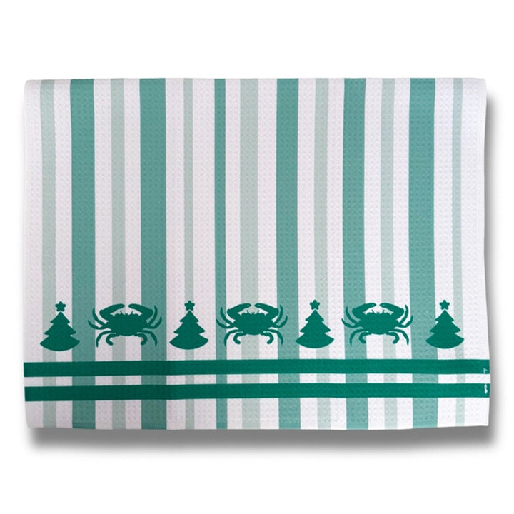 Christmas Crab and Tree Green Striped Kitchen Towel