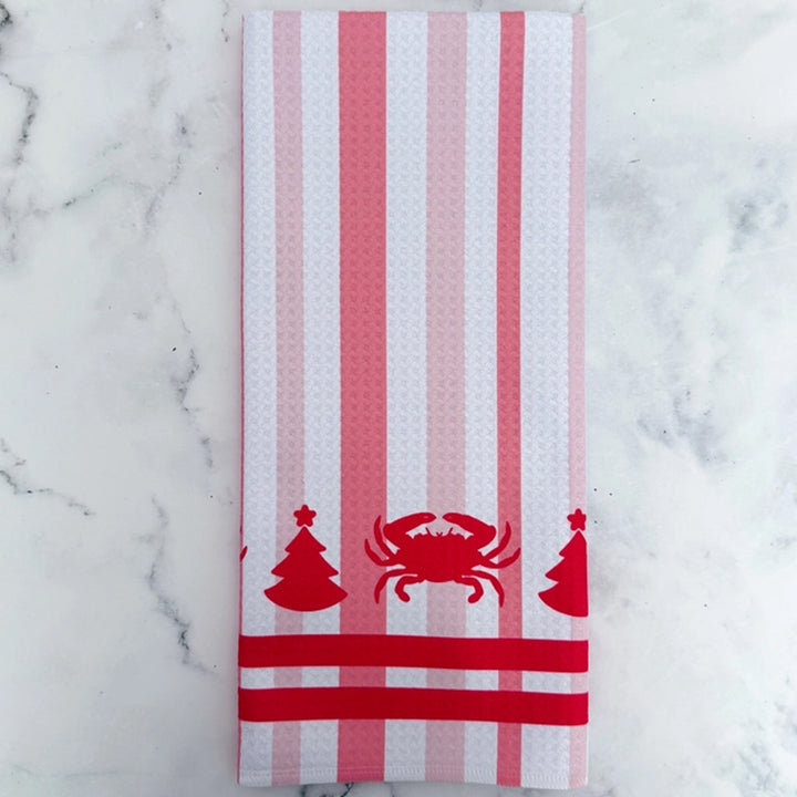 Christmas Crab and Tree Red Striped Kitchen Towel