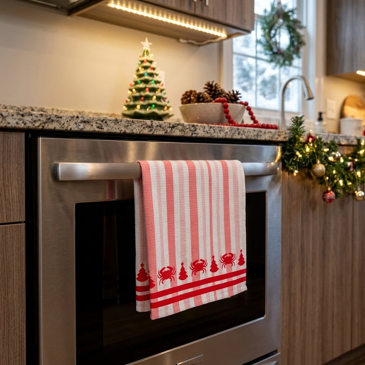 Christmas Crab and Tree Red Striped Kitchen Towel
