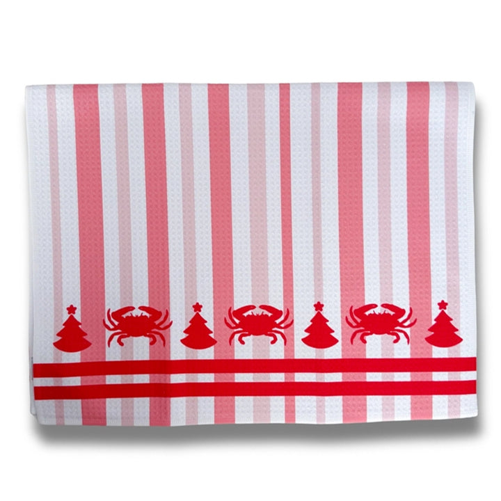 Christmas Crab and Tree Red Striped Kitchen Towel