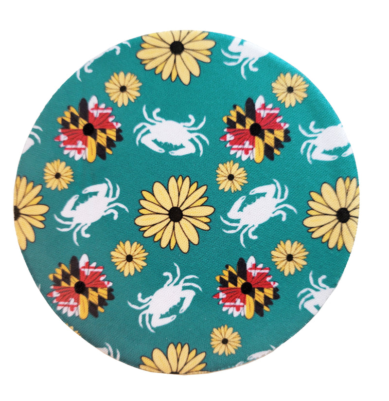 crabs and black-eyed susans neoprene coaster teal color