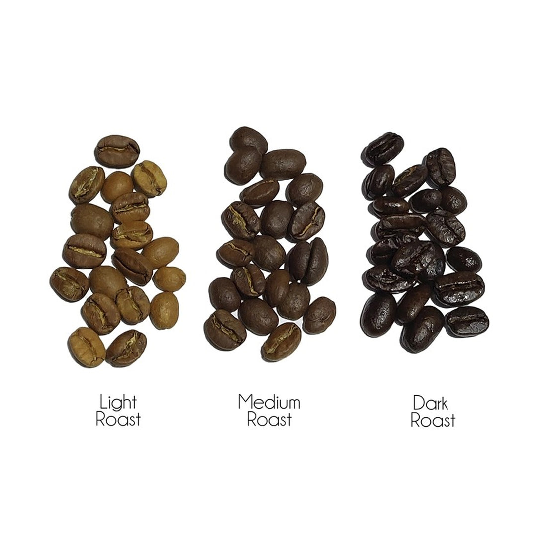 Three piles of coffee beans labeled &
