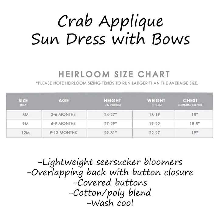 Crab Applique Baby Sun Dress with Bloomers Size Chart