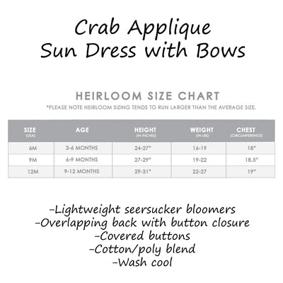 Crab Applique Baby Sun Dress with Bloomers Size Chart