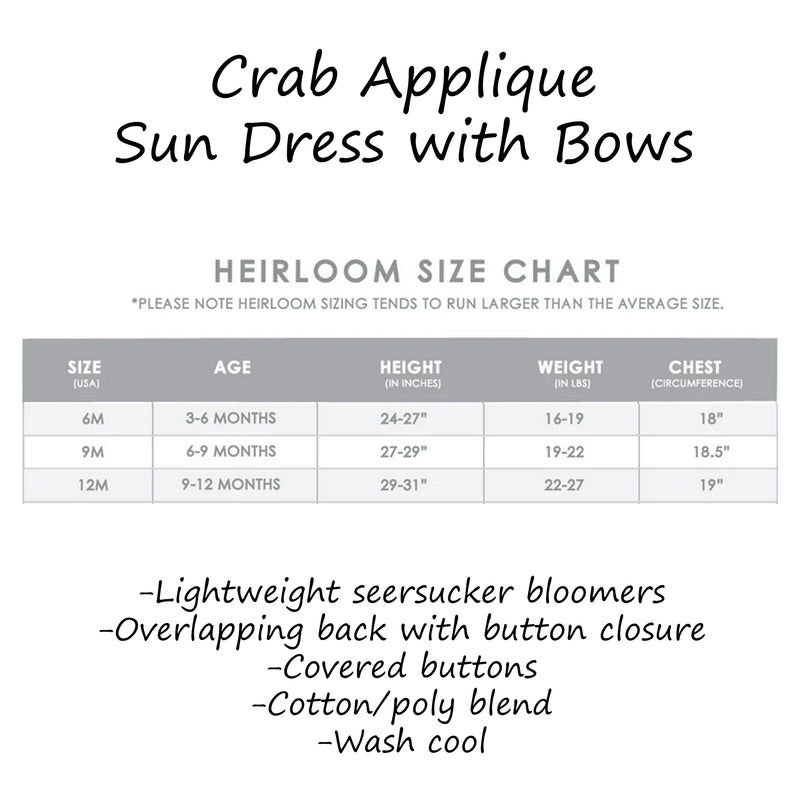 Crab Applique Baby Sun Dress with Bloomers Size Chart