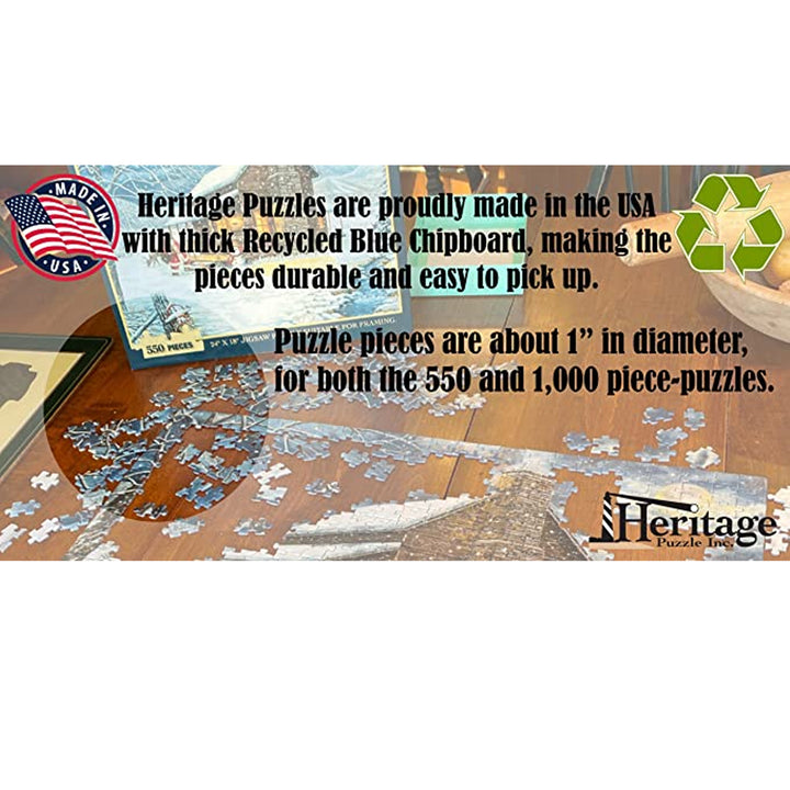 Heritage Puzzles info graphic with puzzle pieces and text about puzzle quality and origin.