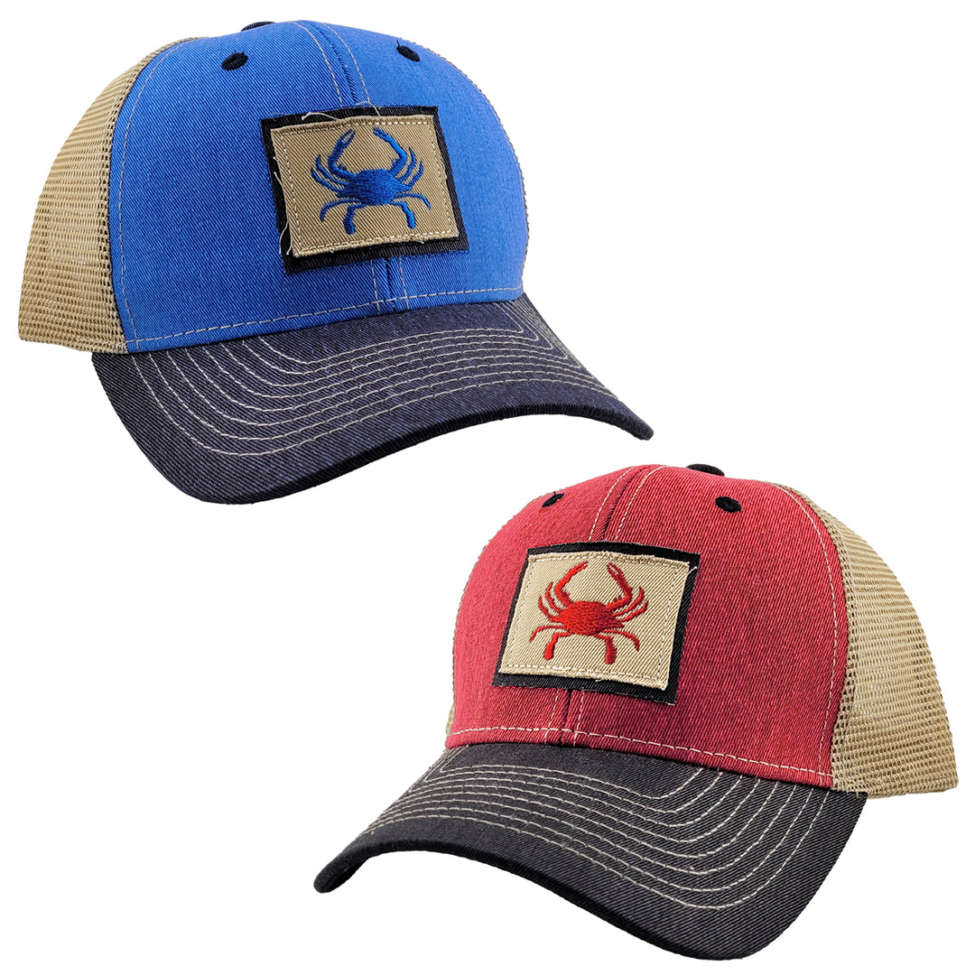 crab patch baseball hat with mesh back blue and red colors
