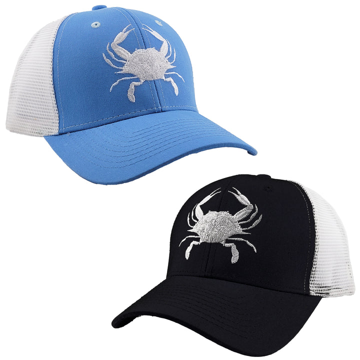 crab silhouette mesh back baseball hats in blue and black colors 