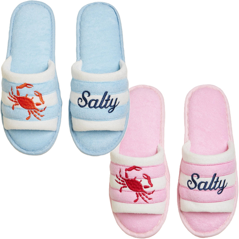 Salty Crab Embroidered Terry Slippers - Blue or Pink