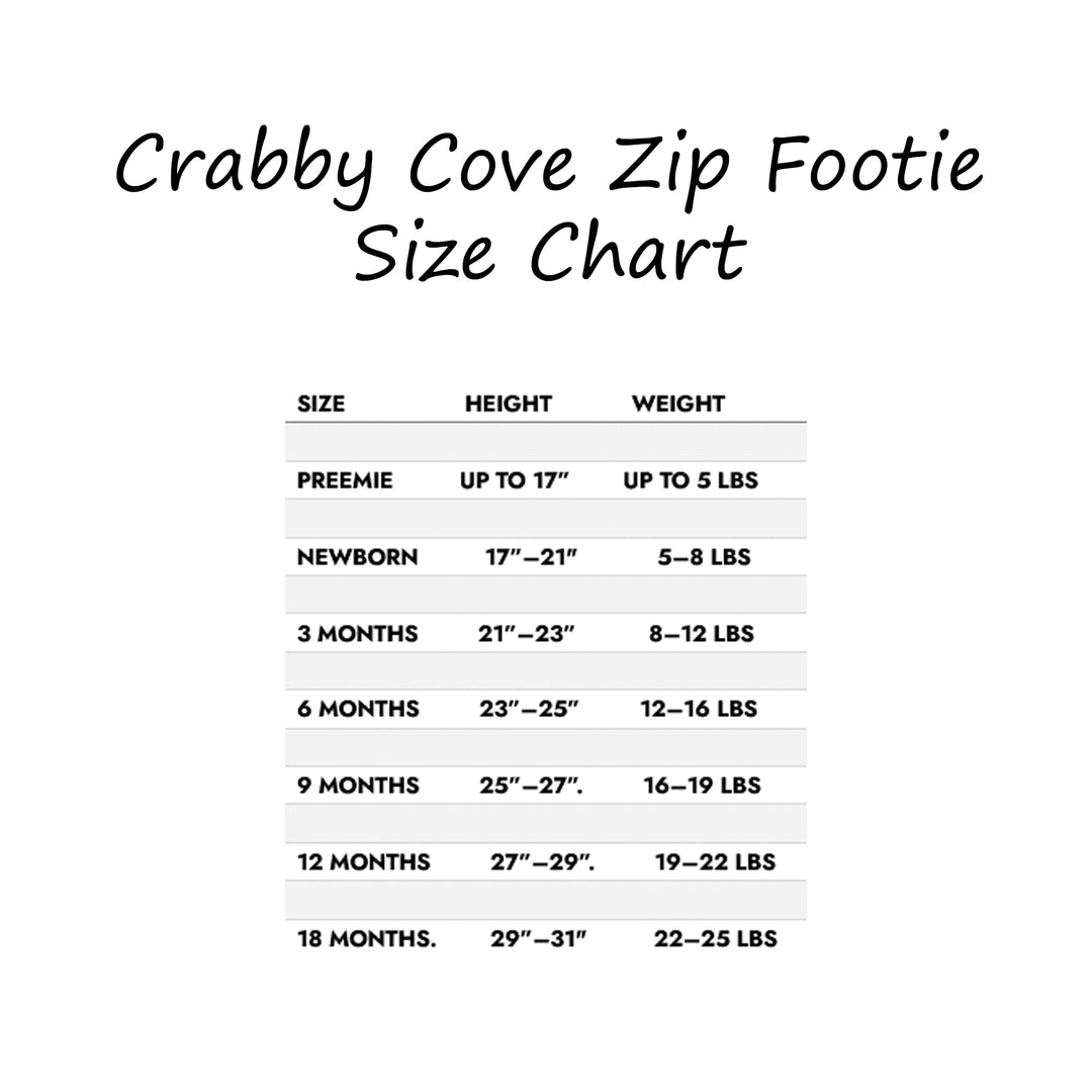 Crabby Cove Zip Footie Dusty Rose Size Chart