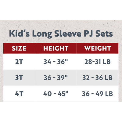 Size chart for kids' long sleeve PJ sets with height and weight ranges.